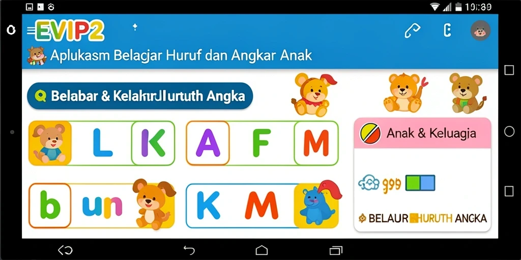 Tampilan antarmuka aplikasi EVIP2 untuk belajar huruf dan angka.