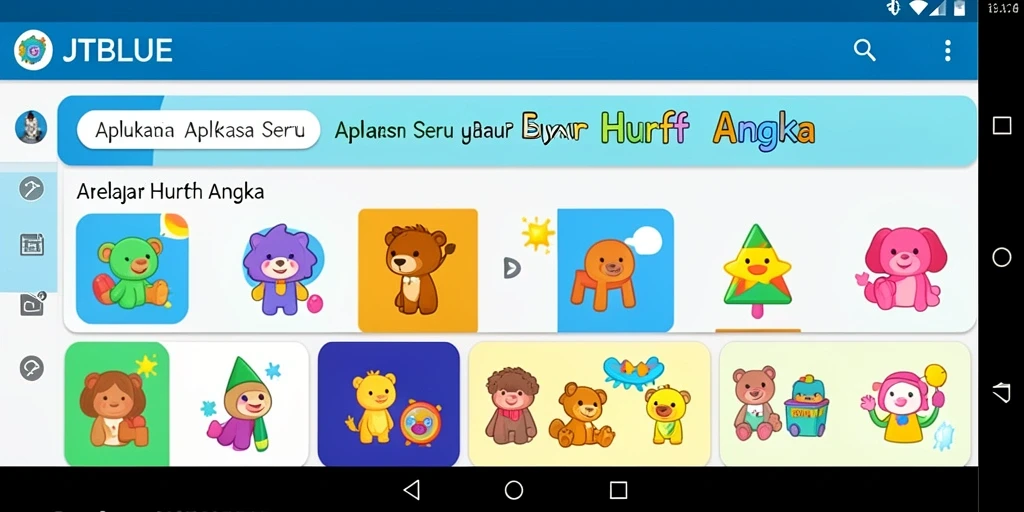Screenshot JTBLUE menunjukkan tampilan antarmuka edukatif yang ceria.