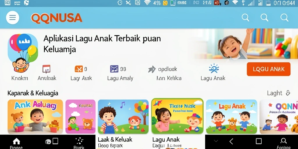 Antarmuka aplikasi QQNUSA dengan lagu-lagu anak yang ceria.